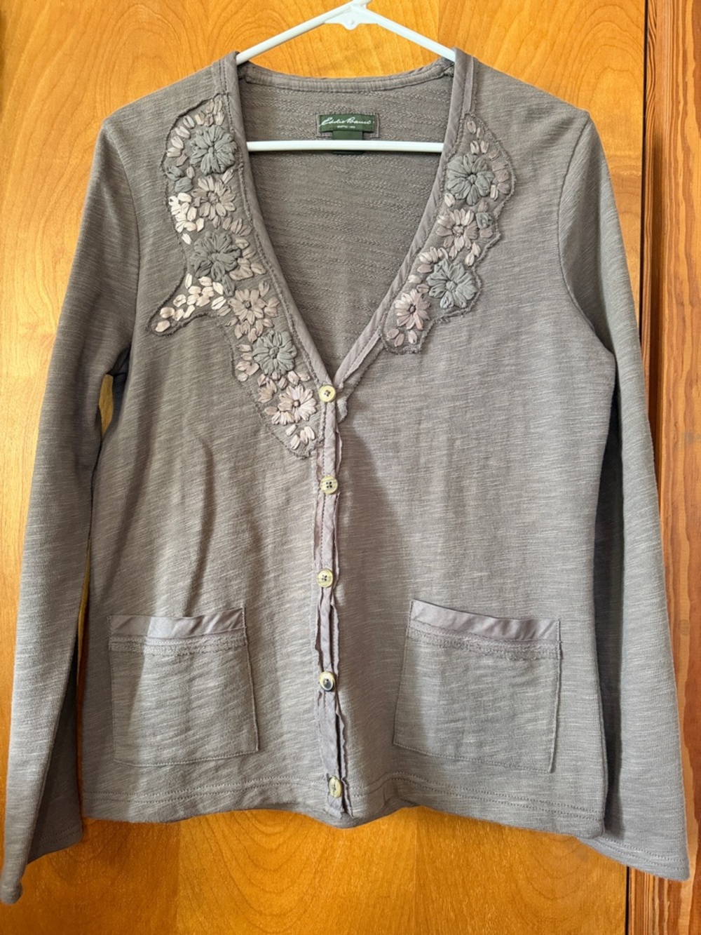 Eddie Bauer Gray Floral-Trim V-Neck Cardigan Sweater